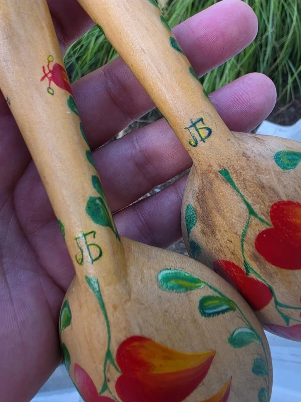 Ukrainian Folk Art Signed Pair Of Hand Painted Wooden Spoons Couple Wall Decor